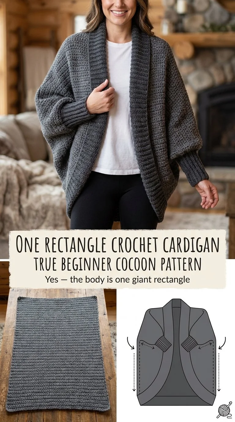 A cozy one-rectangle cocoon cardigan crochet pattern for beginners.