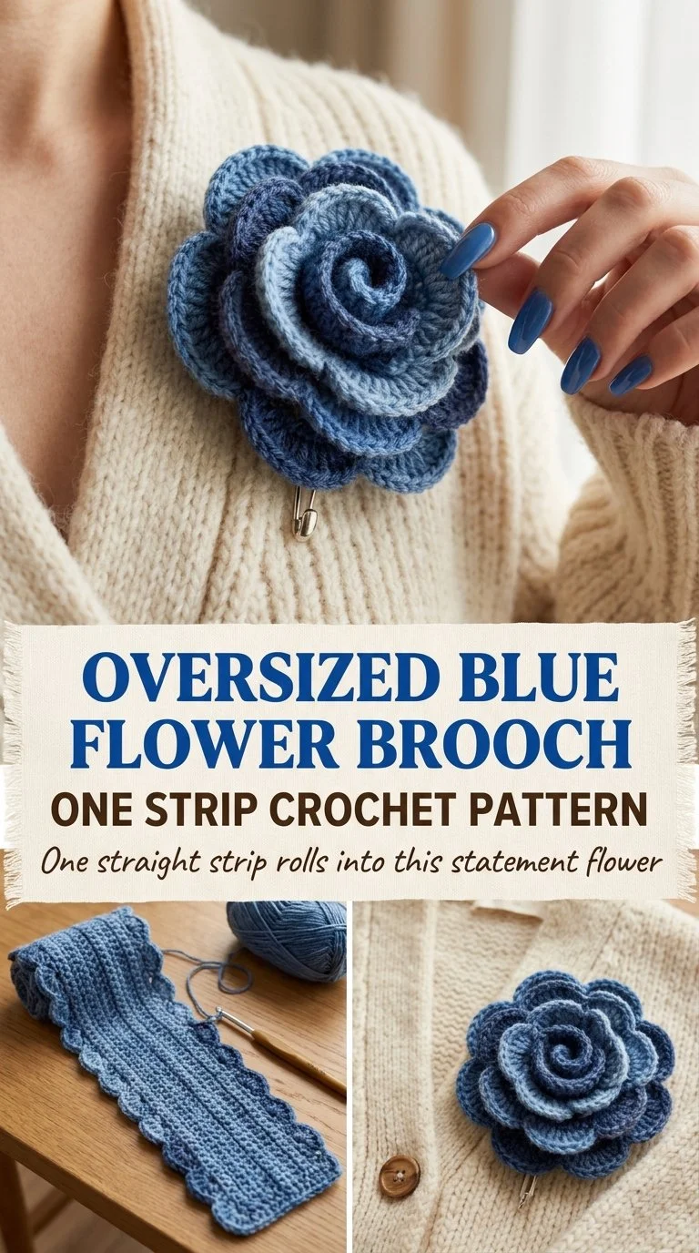 Oversized blue flower brooch crochet pattern displayed on a stylish background.