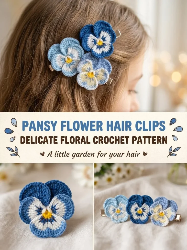 Pansy flower hair clips with delicate floral crochet pattern