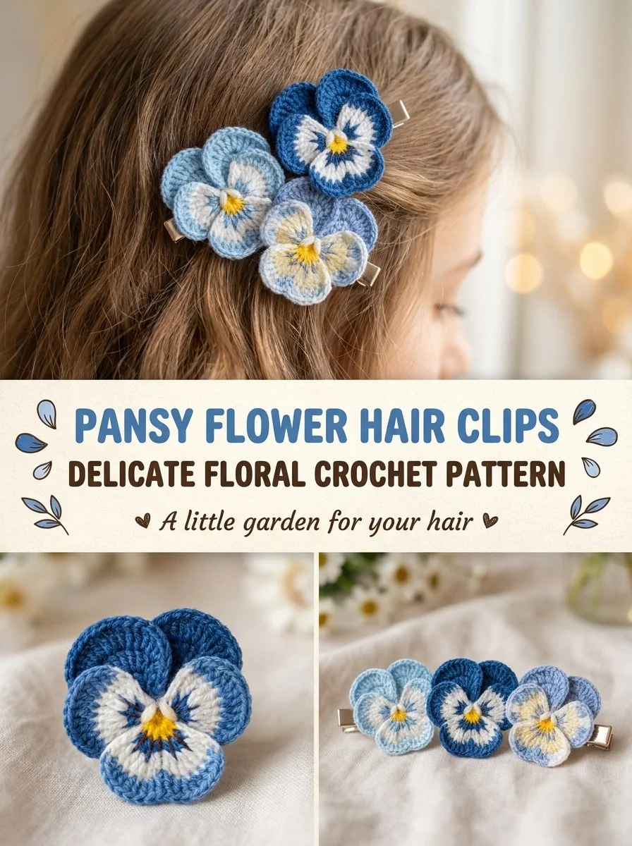 Pansy flower hair clips with delicate floral crochet pattern