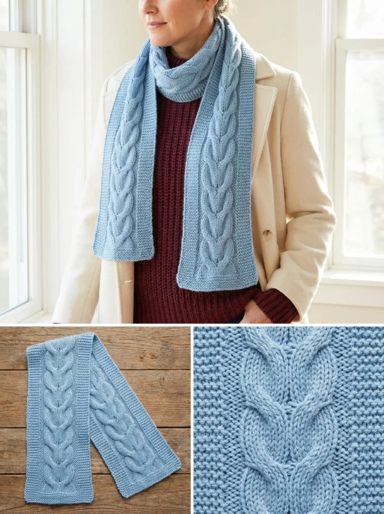 Powder-Blue Raised-Leaf Mini Scarf knitting pattern in soft yarn