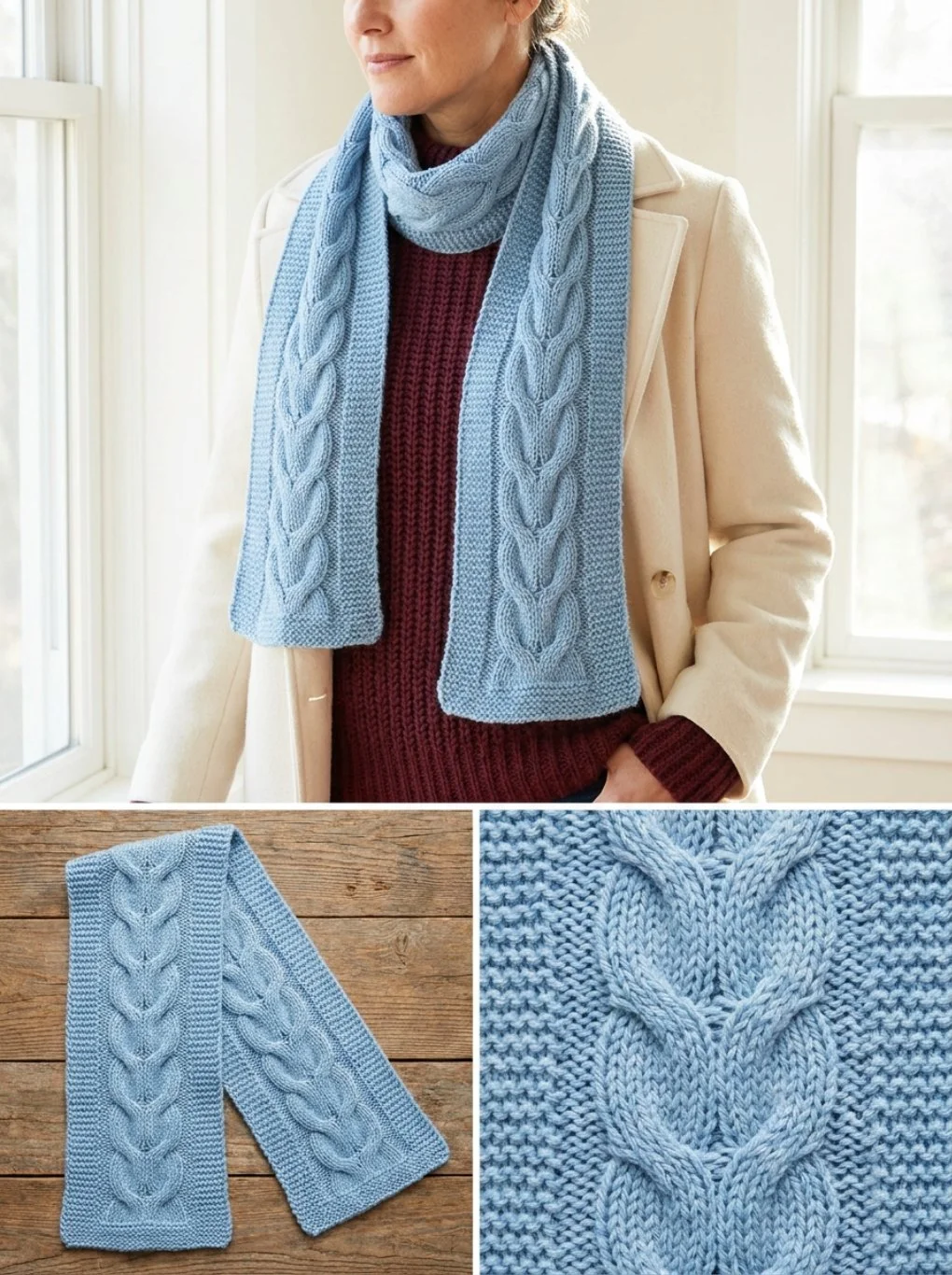 Powder-Blue Raised-Leaf Mini Scarf knitting pattern in soft yarn