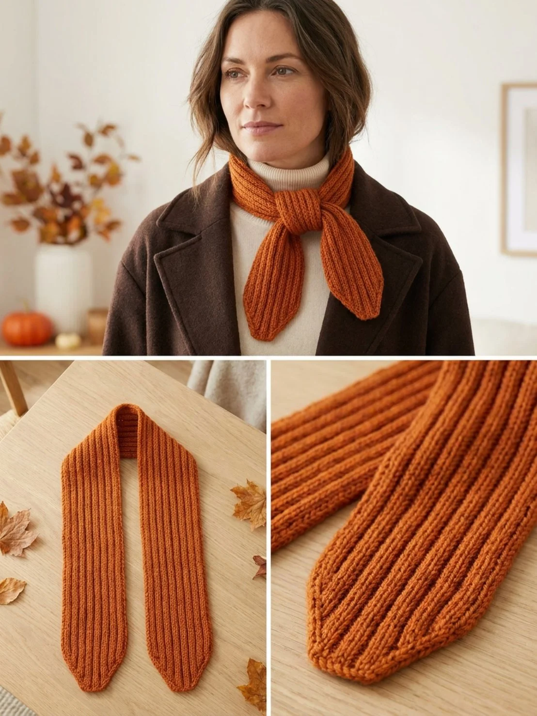 Pumpkin Spice Ribbed Neck Scarf knitting pattern for cozy fall wear.