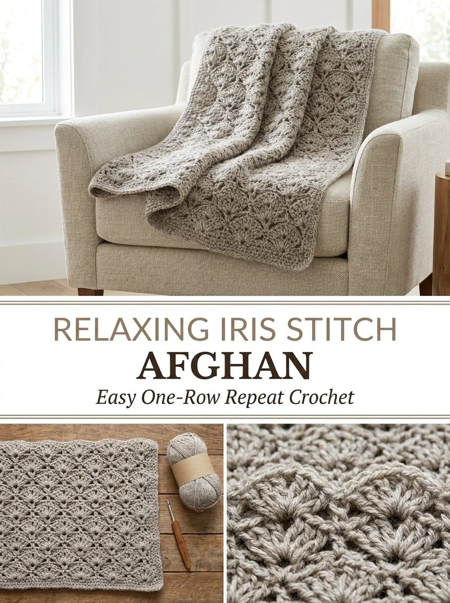 Cozy Iris Stitch Crochet Afghan design in pastel colors, perfect for home decor.