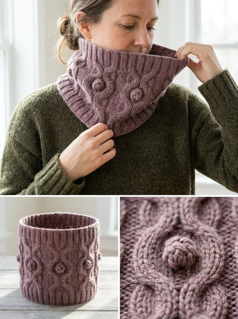 Rose-Bud cable cowl knitting pattern showcasing elegant stitches and design