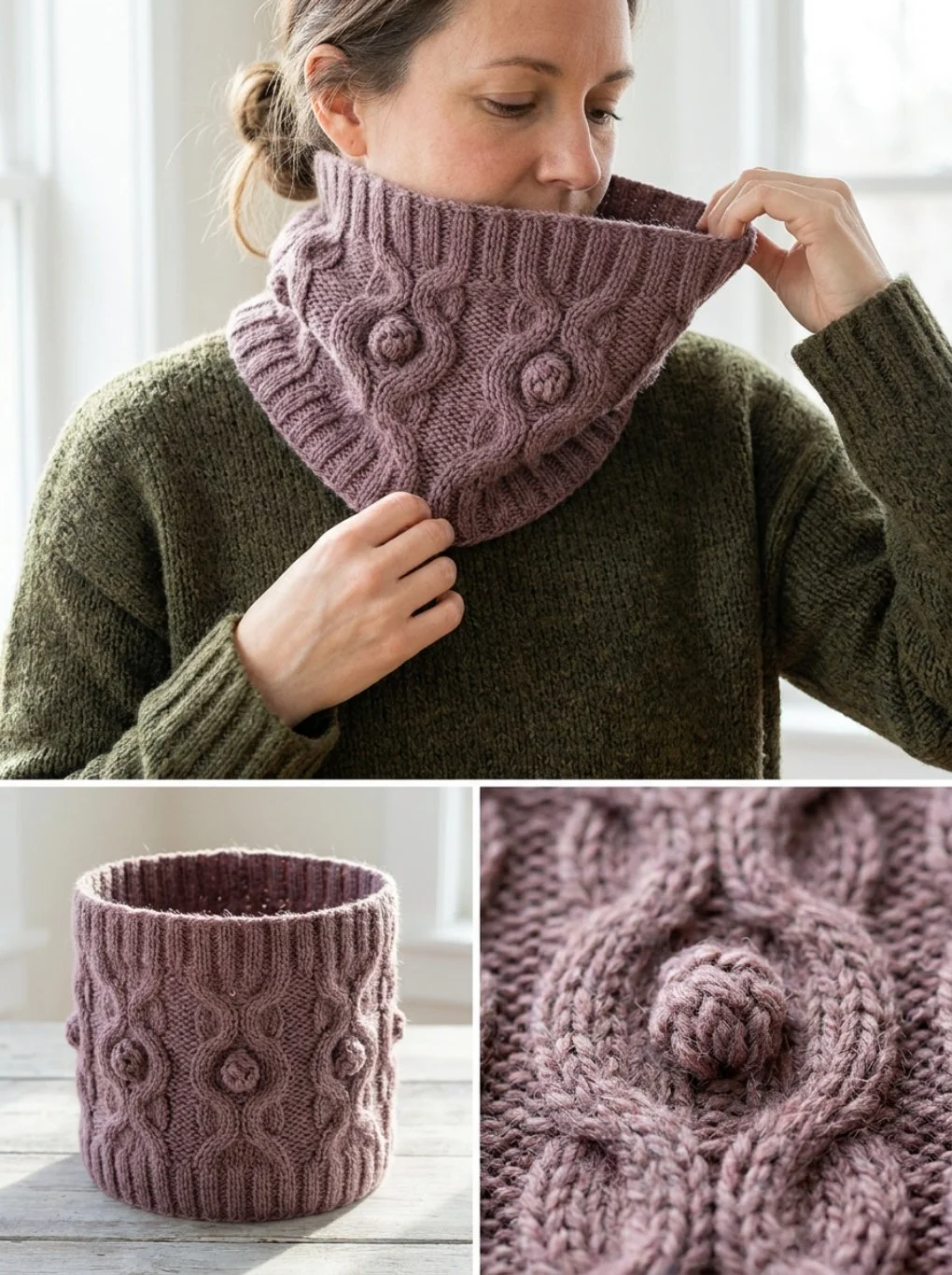 Rose-Bud cable cowl knitting pattern showcasing elegant stitches and design