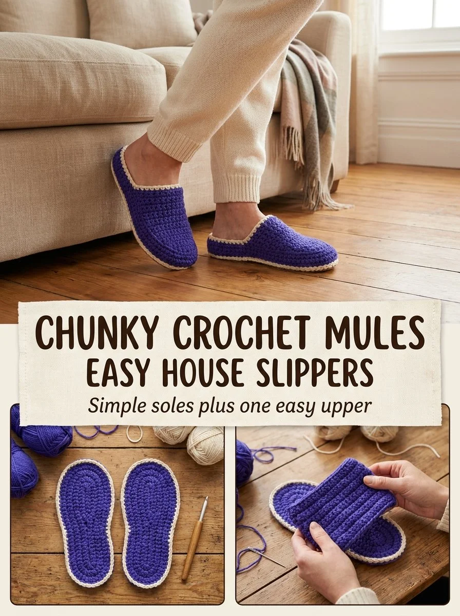 Chunky crochet mule slippers in royal purple, perfect for stylish indoor comfort.