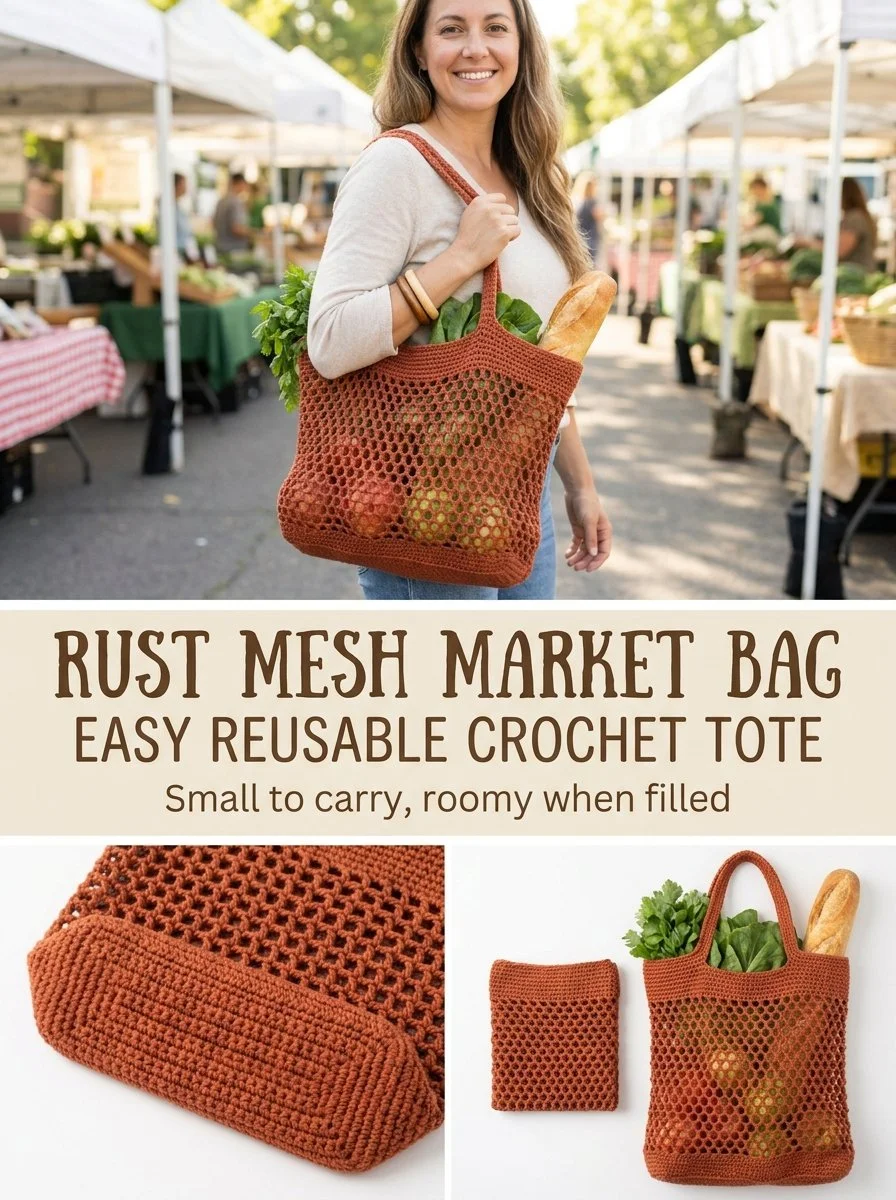 Rust mesh crochet grocery tote bag for eco-friendly shopping