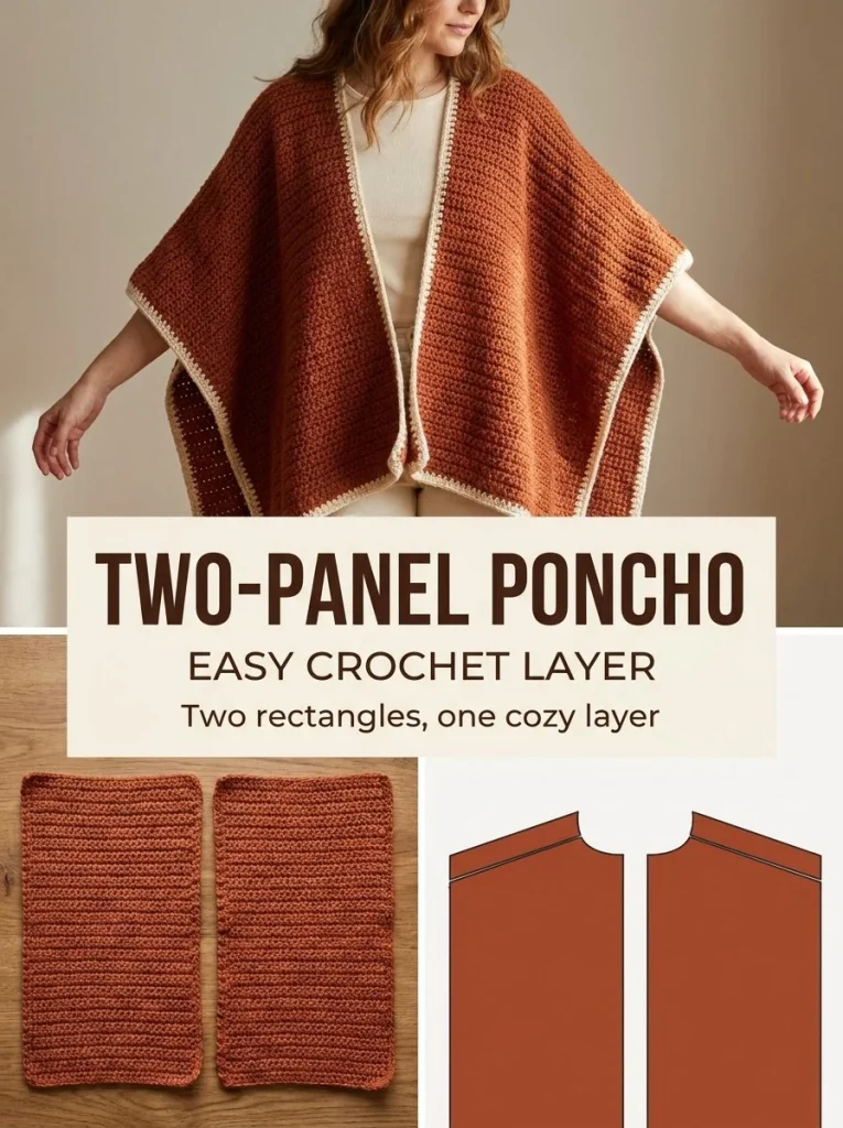 Easy rectangle crochet poncho pattern in rust color