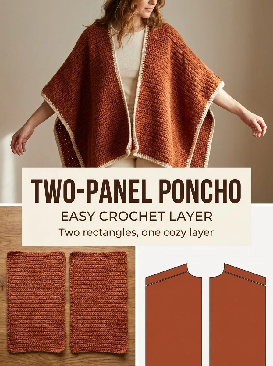Easy rectangle crochet poncho pattern in rust color