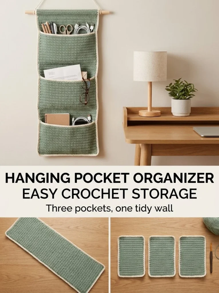Sage Hanging Pocket Organizer - Three-Pocket Crochet Wall Storage for Organization