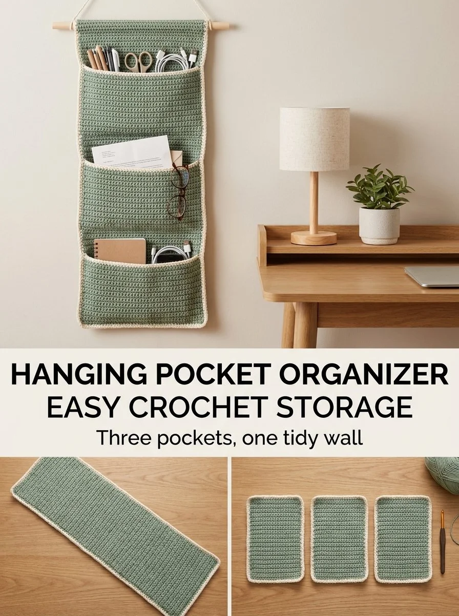 Sage Hanging Pocket Organizer - Three-Pocket Crochet Wall Storage for Organization