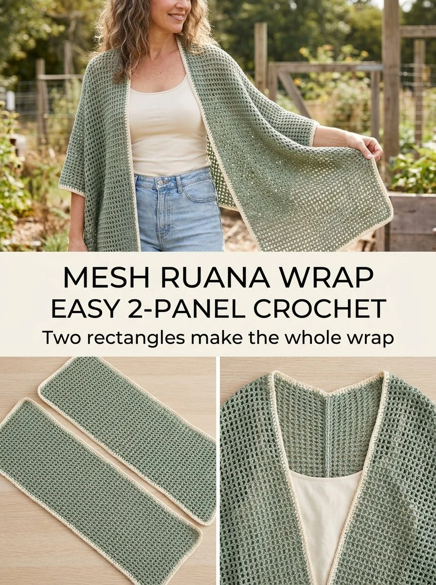 Sage Mesh Ruana Wrap crochet pattern showcasing an elegant two-panel design