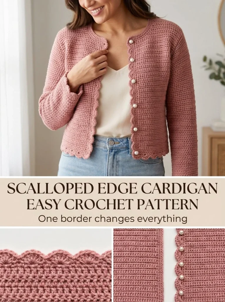 Scalloped edge crochet cardigan pattern for a stylish and feminine look.