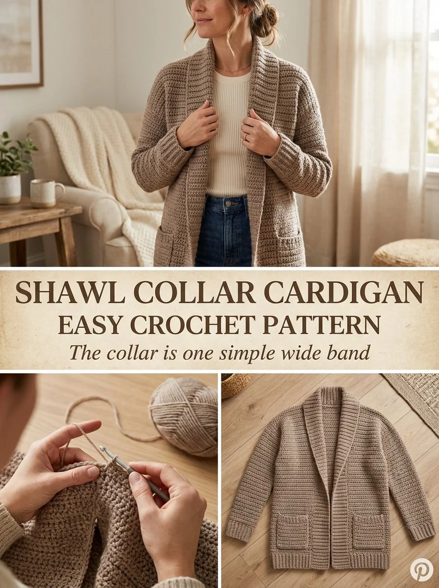 Shawl collar cozy crochet cardigan with pockets for stylish layering