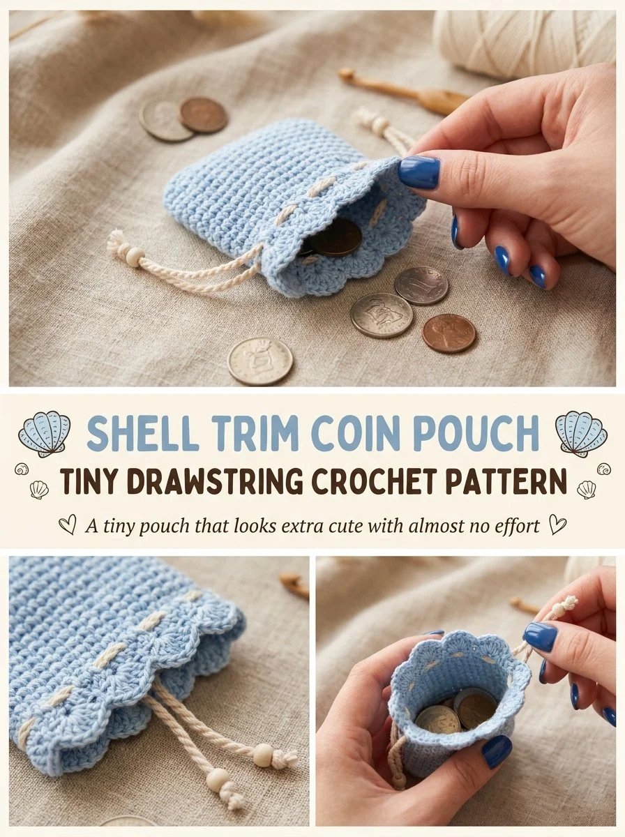Crochet pattern for a shell trim coin pouch with a tiny drawstring design.