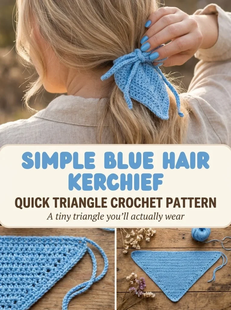 Simple blue hair kerchief crochet pattern in triangle shape