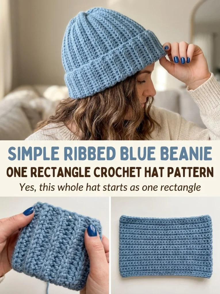 Simple Ribbed Blue Beanie crochet hat pattern