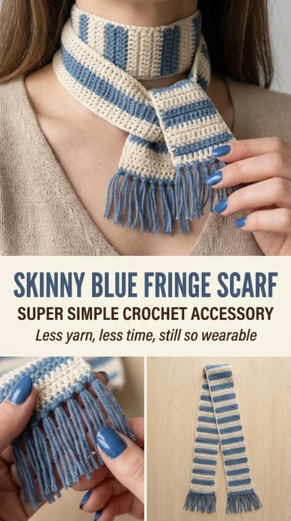 Skinny blue fringe scarf crochet accessory for stylish outfits