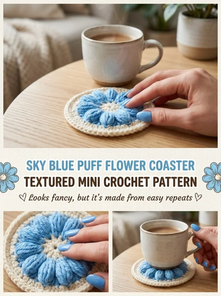 Sky Blue Puff Flower Coaster crochet pattern with textured design