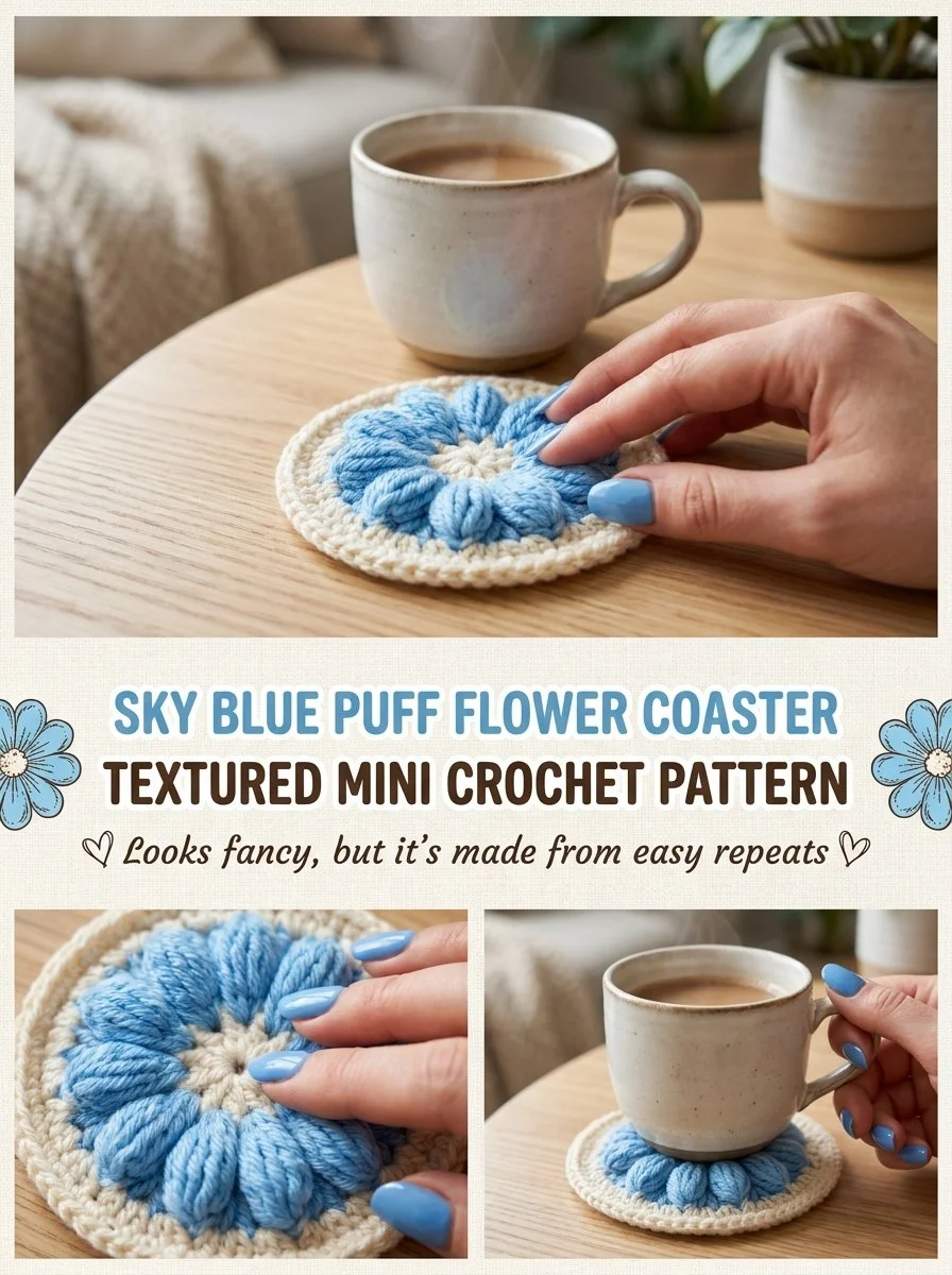 Sky Blue Puff Flower Coaster crochet pattern with textured design