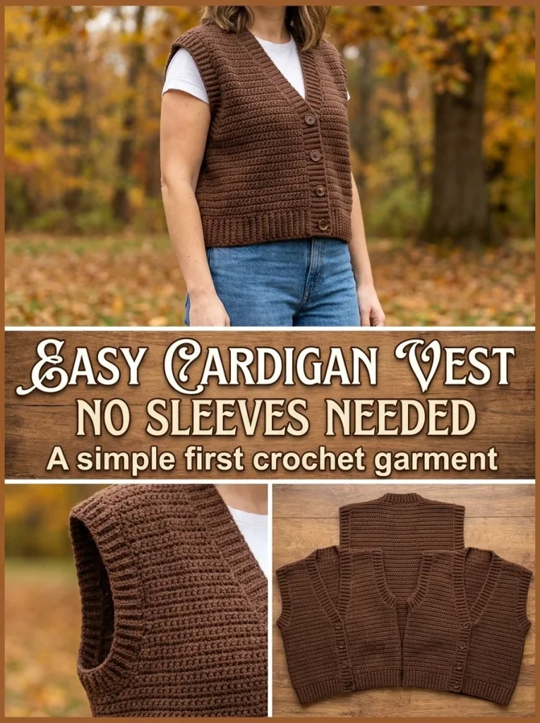 Sleeveless button cardigan vest in a stylish crochet design.