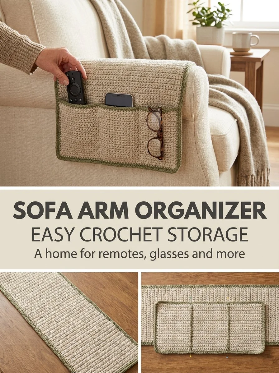 Crochet sofa arm organizer for remote and phone storage