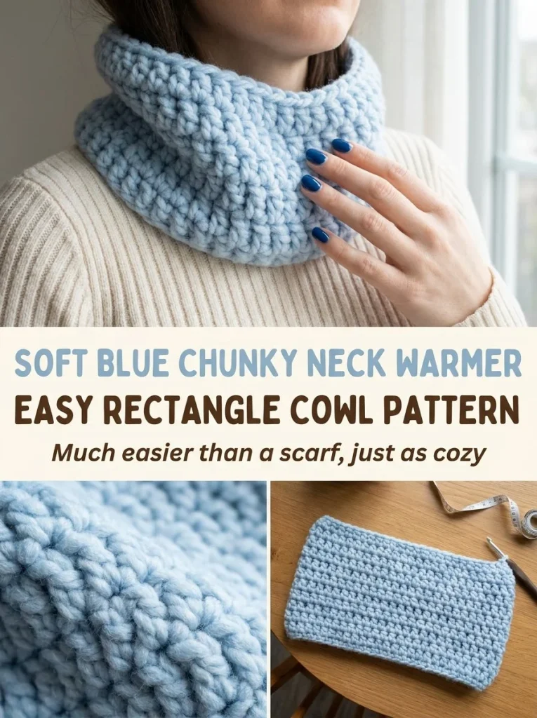 Soft blue chunky neck warmer made with an easy rectangle cowl pattern.