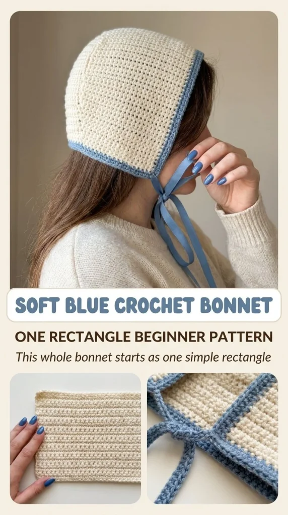 Soft blue crochet bonnet made from beginner-friendly rectangle pattern
