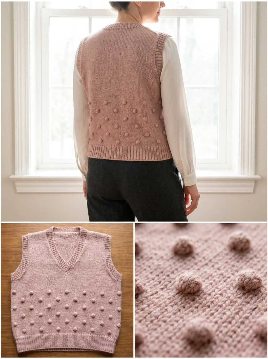 Soft Pink Bobble Vest Knitting Pattern, featuring detailed instructions and cozy design.