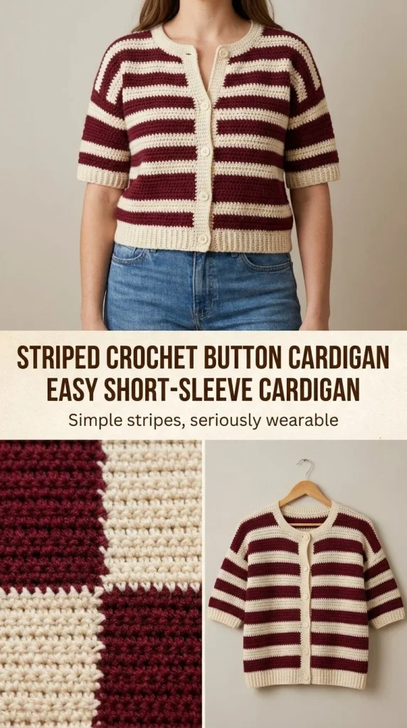Striped short-sleeve crochet cardigan pattern with button design
