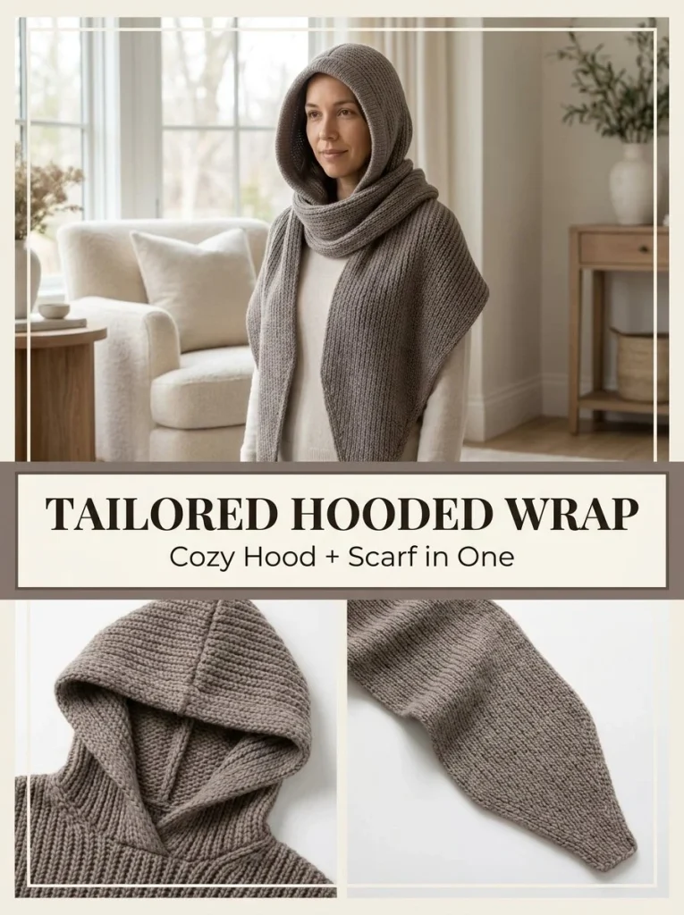 Tailored hooded wrap knitting pattern for cozy and stylish designs.