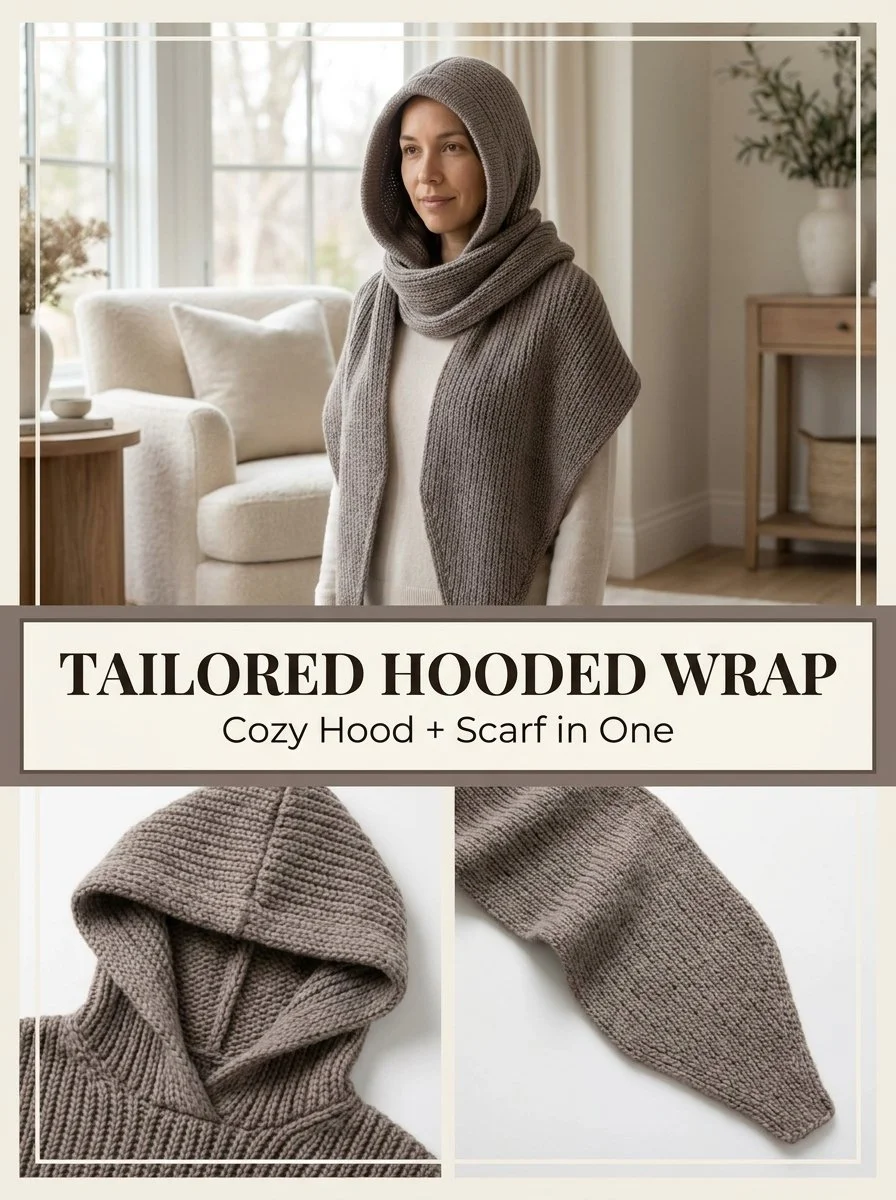 Tailored hooded wrap knitting pattern for cozy and stylish designs.