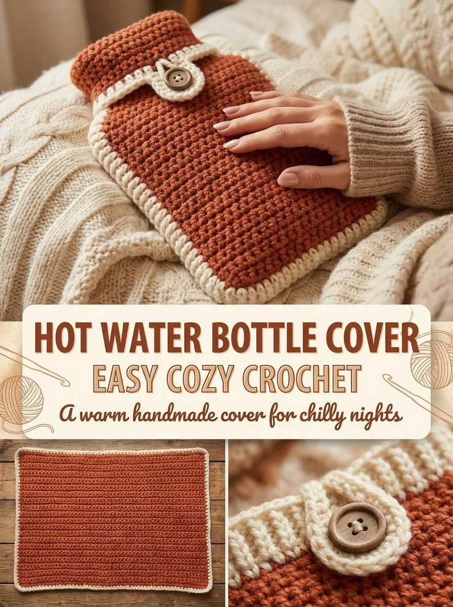 Terracotta hot water bottle cover in crochet design for warmth and comfort