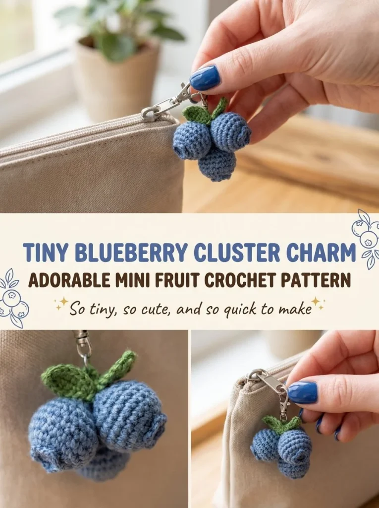 Tiny Blueberry Cluster Charm crochet pattern for mini fruit projects