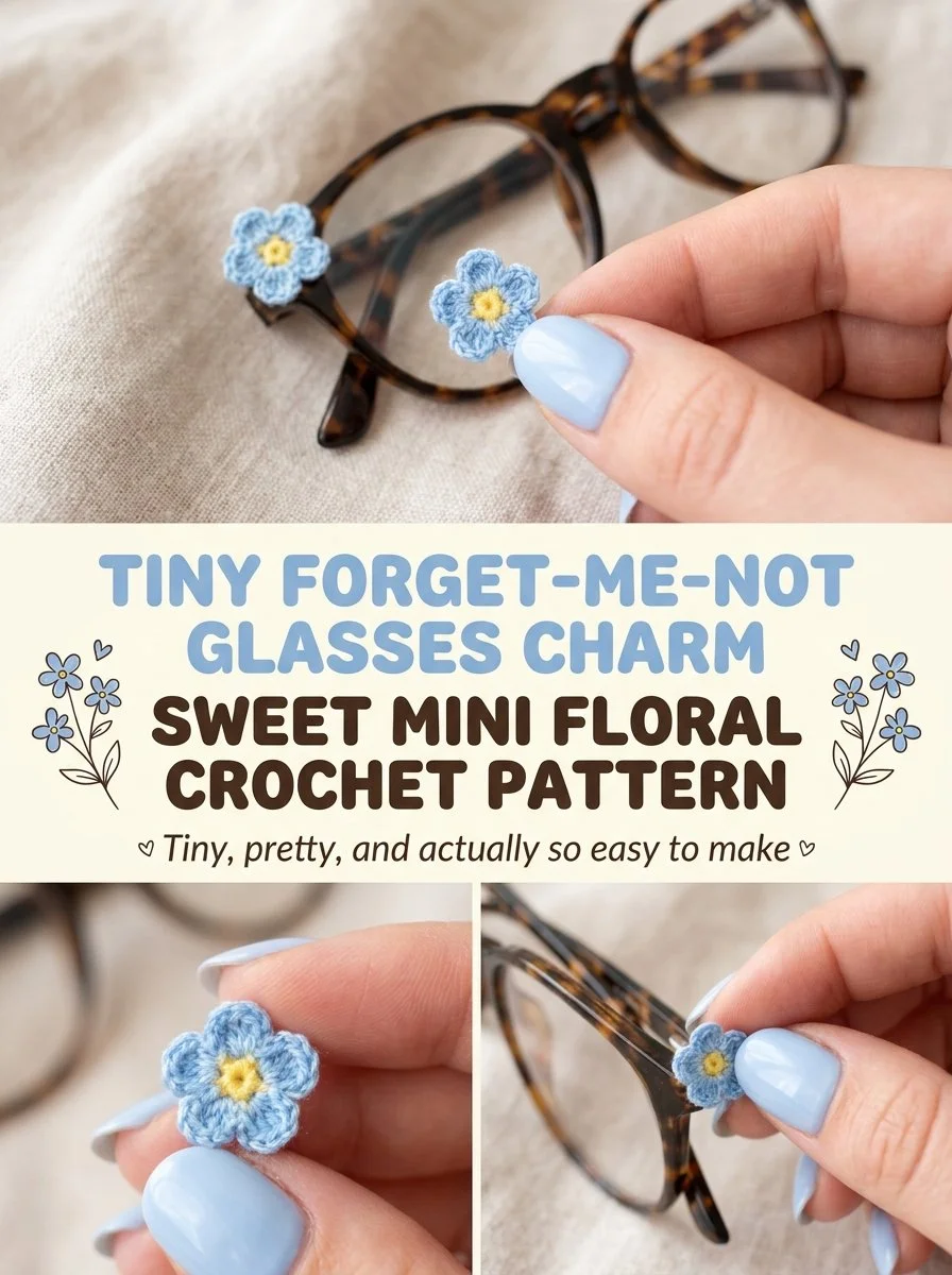 Tiny forget-me-not glasses charm crochet pattern with floral design
