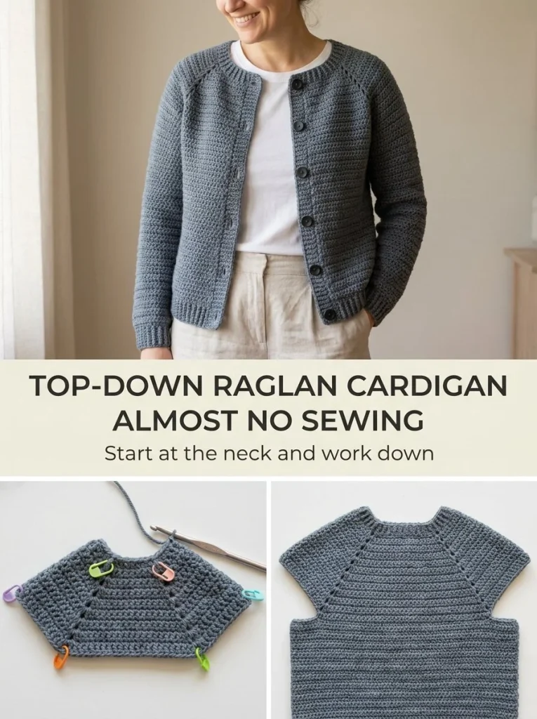 Seam-light Raglan Crochet Cardigan pattern for women, top-down design.