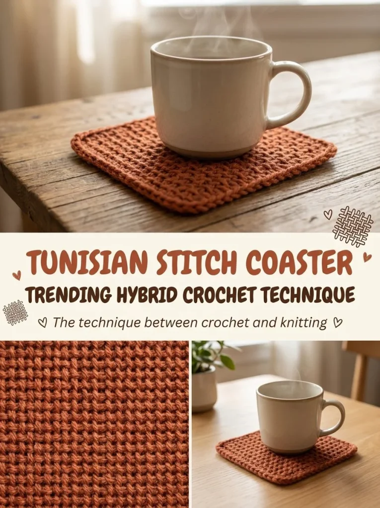 Tunisian Simple Stitch Coaster crochet pattern showcasing hybrid crochet technique.