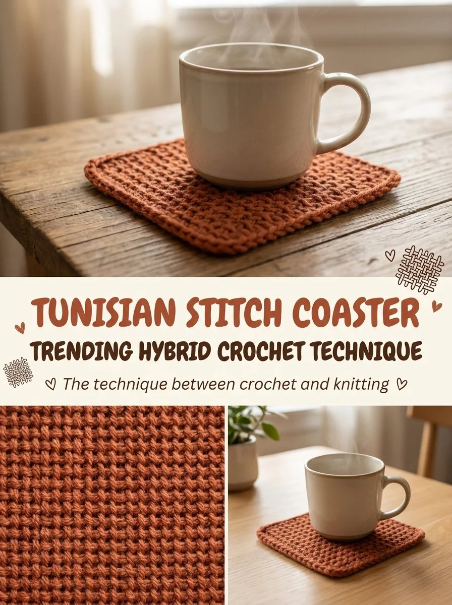 Tunisian Simple Stitch Coaster crochet pattern showcasing hybrid crochet technique.