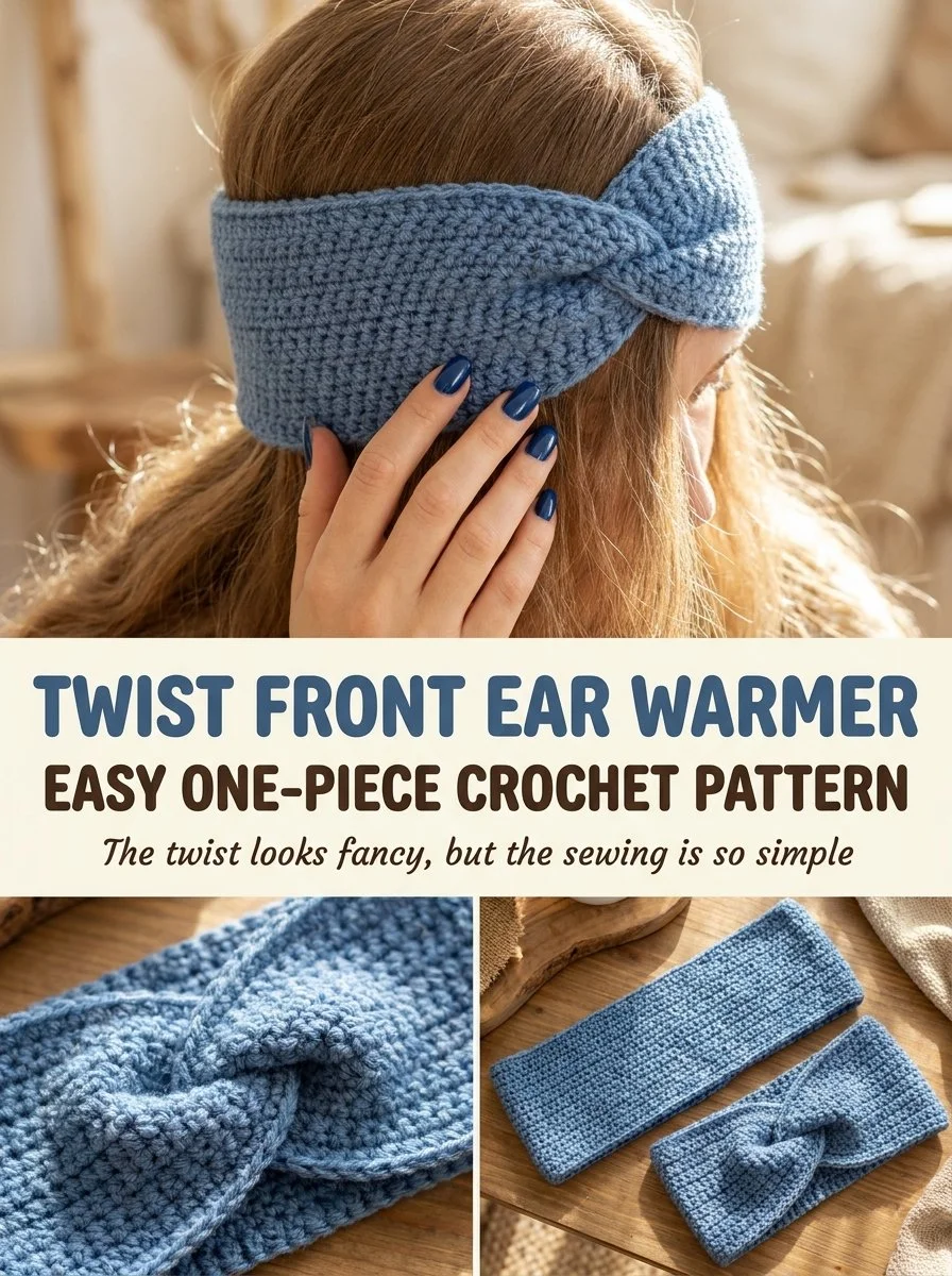 Twist front ear warmer crochet pattern for beginners in warm yarn