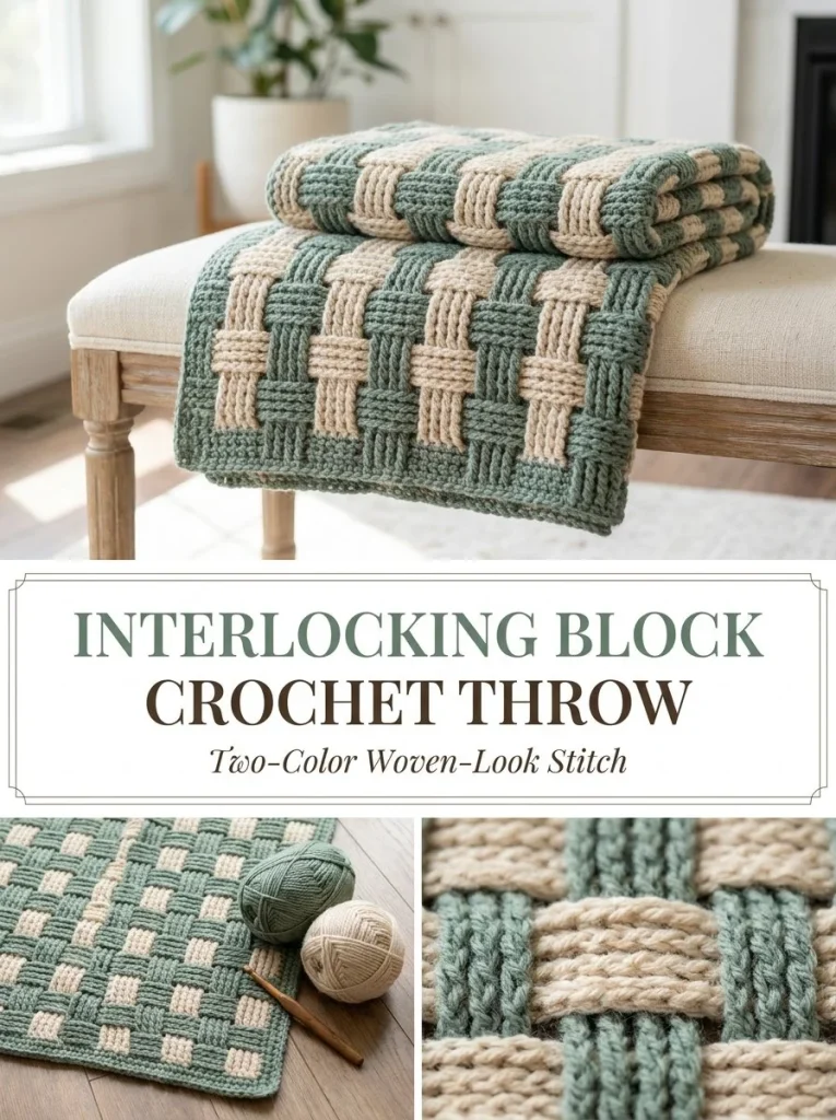 Cozy Two-Color Interlocking Block Crochet Throw for stylish home decor