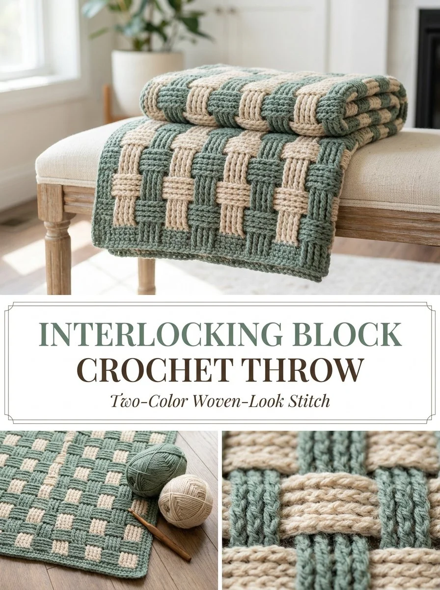 Cozy Two-Color Interlocking Block Crochet Throw for stylish home decor