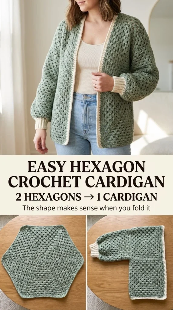 Two-Hexagon Everyday Crochet Cardigan pattern guide with hexagon design.