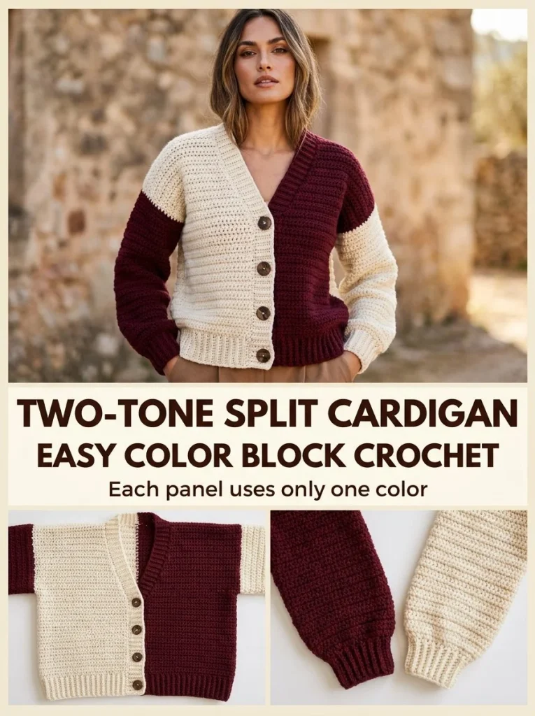 Two-tone split crochet cardigan demonstrating color-block design