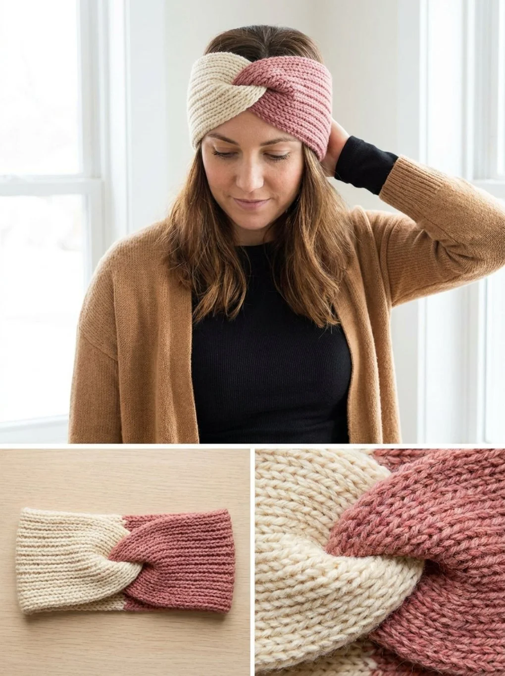 Two-tone twist-front headband knitting pattern for stylish accessories