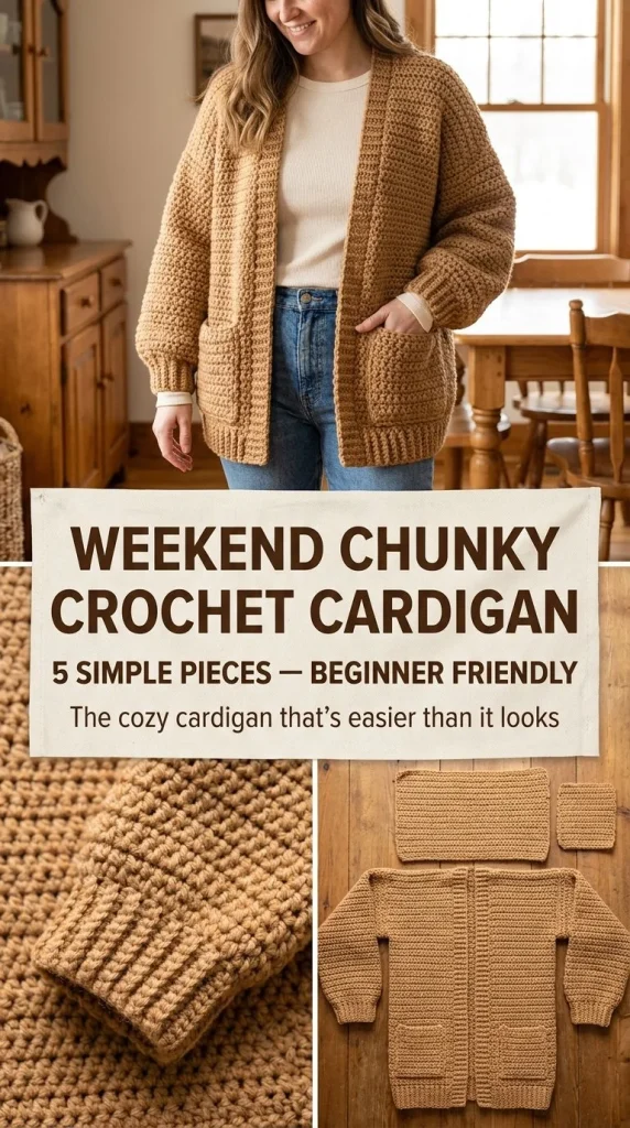 Beginner-friendly weekend chunky crochet cardigan pattern, oversized design.