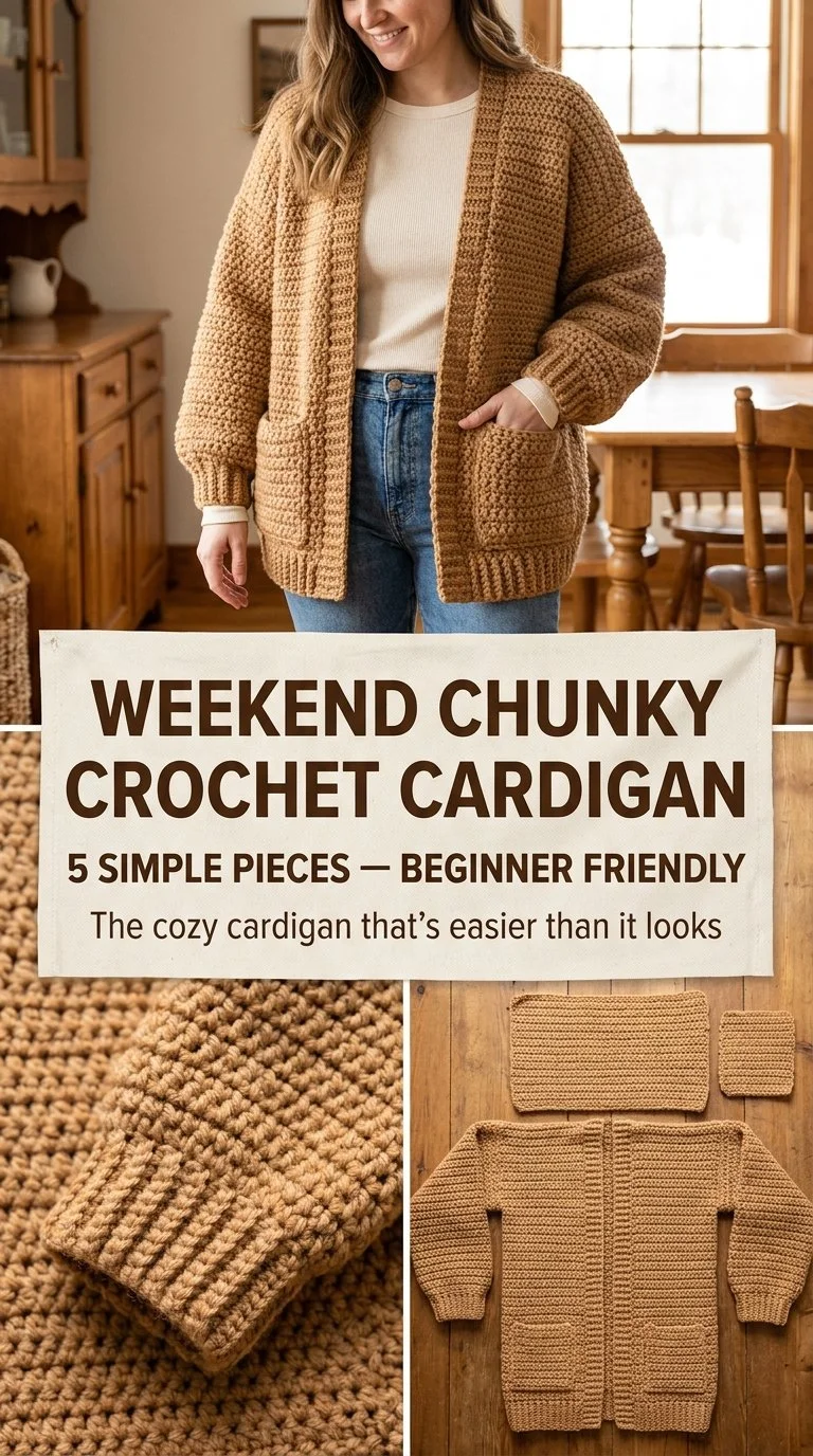 Beginner-friendly weekend chunky crochet cardigan pattern, oversized design.