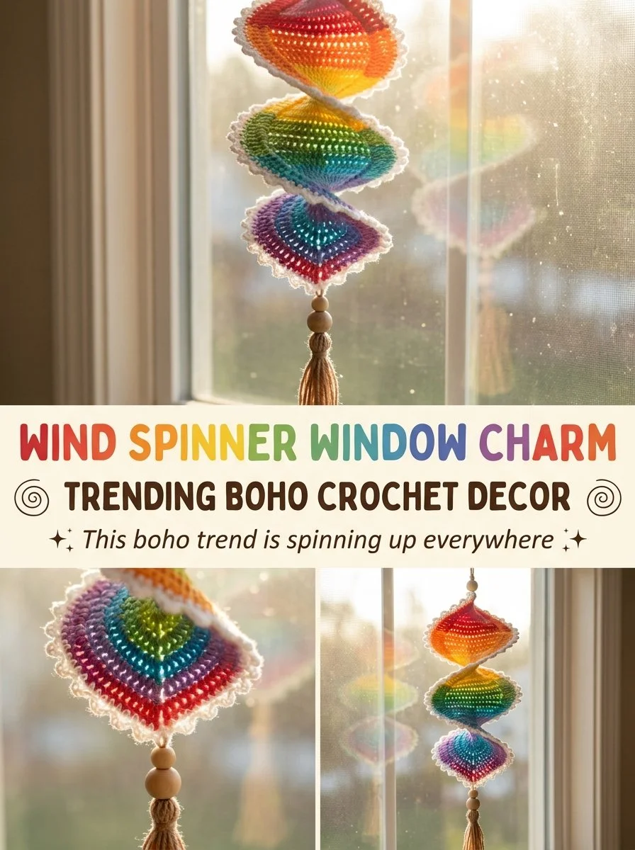 Boho crochet decor wind spinner window charm in a sunny window