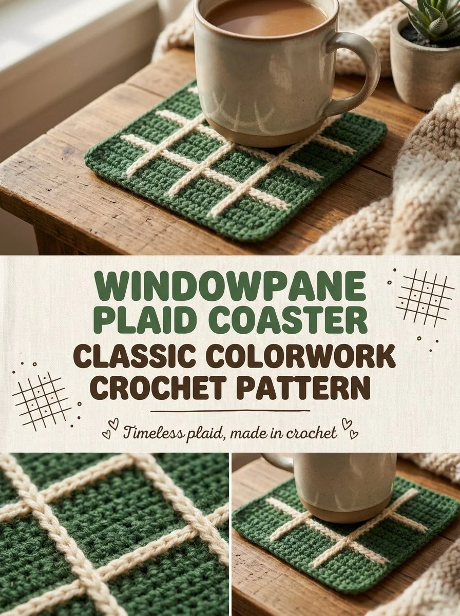 Colorwork crochet Windowpane Plaid Coaster pattern in vibrant colors